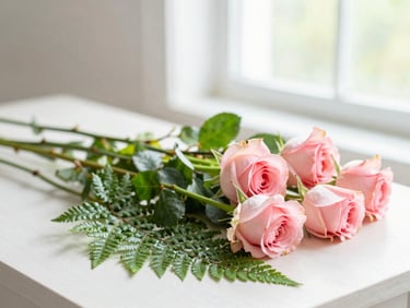 A bright, sunlit tabletop filled with freshly gathered seasonal stems, delicate pink garden roses, and green ferns, photographed with shallow depth of field.