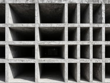 Wide architectural lines showing a structural gap in a concrete grid, cool sharp high-contrast lighting, deep shadows.