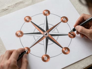 Close detail flat-lay overhead shot of a printed strategic roadmap canvas on a light linen surface, annotated with copper-toned markers showing six connected nodes in a compass-like radial structure, hands partially visible holding a precision pen, soft diffused daylight, no text legible