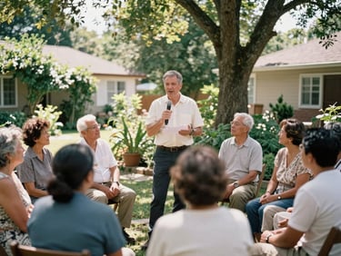 Medium format film photograph of a community leader speaking with local residents in a sunlit neighborhood garden, warm editorial tone, natural daylight.