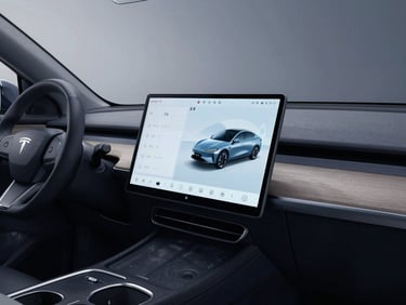 Sleek modern EV dashboard with glowing screens, clean studio environment, sharp details