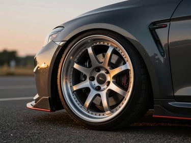 A custom wheel arch and brushed steel wheel on a performance track car, moody golden hour