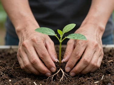 Extreme close-up of hands pressing a native coastal plant seedling into dark moist soil, fingers visible, roots exposed, diffused daylight from above