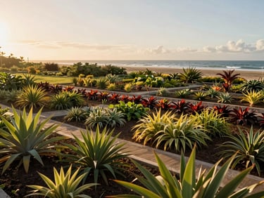 Wide environmental shot of a completed coastal garden landscape in Pernambuco, native plants arranged in layered beds, golden afternoon light across the scene, ocean haze visible in the background