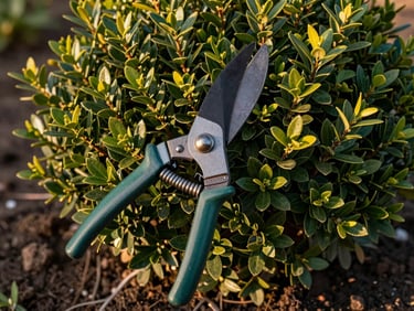 Close-up of garden shears pruning a dense green shrub, fresh cut visible, golden afternoon light on the foliage, soil bed below