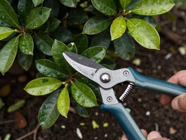 Overhead close-up of pruning shears cutting a branch on a tropical garden shrub, leaves catching diffused daylight, small plant clippings on dark soil below