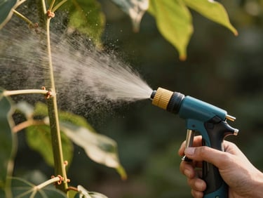 Close-up of a spray nozzle applying treatment to a plant stem, fine mist visible in warm outdoor light, green leaves in background slightly out of focus