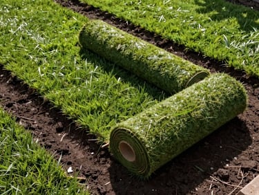 Overhead view of freshly installed lawn grass rolls on dark prepared soil, edges neat, warm midday light casting short shadows
