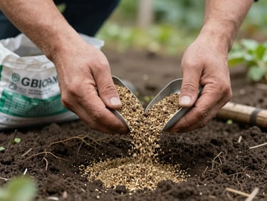 Hands scooping granular fertilizer from a bag over a garden bed, dark soil close-up, natural diffused light, root systems faintly visible below the surface