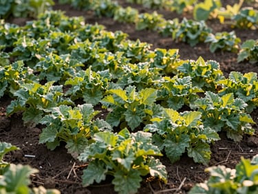 Wide environmental shot of a healthy garden bed recovering after pest treatment, lush green growth, golden afternoon light, no visible damage on leaves
