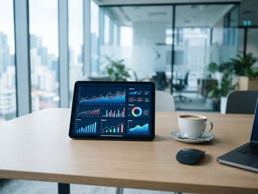 An organized, paperless modern workspace with a tablet displaying clean financial charts next to a cup of coffee, bright natural daylight, cool blue tones, sharp focus, 35mm