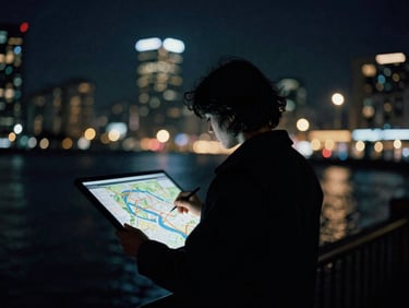Silueta de una persona en un entorno urbano nocturno, con un mapa digital superpuesto y luces de la ciudad, tonos azules y dorados, cinematic film photography, low-key moody lighting, shallow depth of field.
