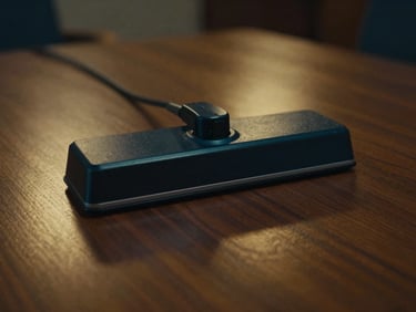 Highly detailed close-up of a specialized electronic sweep device on a polished boardroom table, subtle golden reflections, cinematic film photography, low-key moody lighting, deep navy and gold tones, shallow depth of field, 35mm