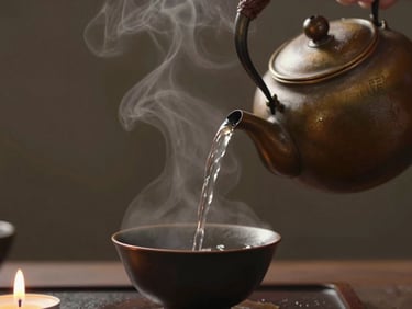 Close-up of steam rising from a dark ceramic tea bowl, hands pouring hot water from a bronze kettle, moody lighting, warm charcoal background