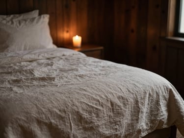 Close-up of a luxury homestay bed with textured organic linen sheets, warm candlelit glow, shadows on dark timber walls, shallow depth of field