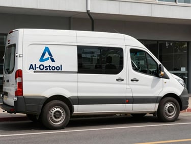 Medium shot of an Al-Ostool branded service van parked on a clean street, daylight, emphasizing readiness and professional logistics.