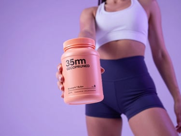 Dynamic low-angle shot of a fitness creator in streetwear in a bright studio with lavender gel lighting, holding a peach-colored supplement tub, 35mm