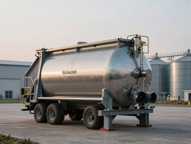 Wide shot of a heavy-duty steel Richentek compost tank installed on a modern commercial farm under overcast morning light, agricultural silos in the soft-focus background.