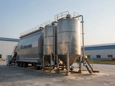 Wide environmental shot of a large steel Richentek compost tank operating on a modern commercial farm under clear morning sun, agricultural infrastructure in the background.