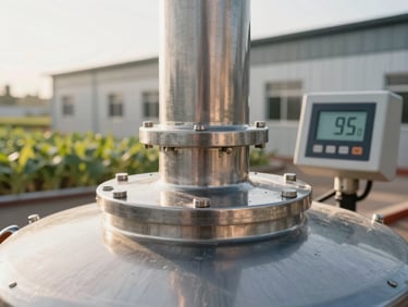 A technical close-up of a heavy-duty stainless steel compost tank seal, digital control panel displaying sixty-five degrees Celsius, morning sun lighting, architectural agricultural background.