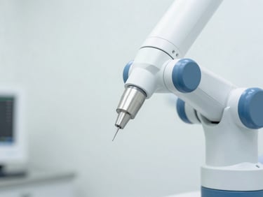Macro detail of the FDA-cleared robotic needle-guide mechanism in a sterile white clinical lab, bright high-key lighting