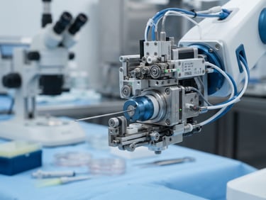 Macro close-up of a high-precision robotic needle-guide mechanism in a sterile clinical laboratory, bright even hospital lighting, crisp white and medical blue tones