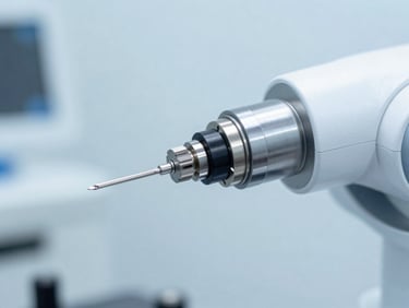 Macro detail of high-precision robotic actuators and needle-guide assembly, clean clinical studio lighting, medical grade plastics and metals