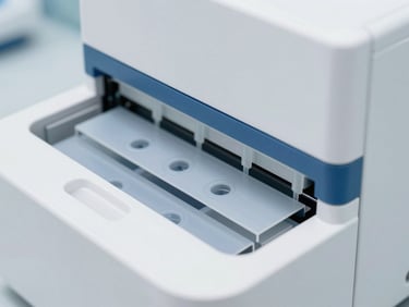 Close-up of a sterile automated cassette being loaded into a medical device, crisp white and medical blue tones