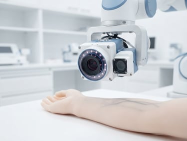 High-precision clinical photography of a robotic phlebotomy device in a sterile white laboratory, bright high-key studio lighting, sharp focus on the near-infrared vein-mapping camera system, no people
