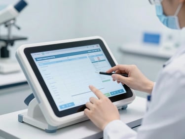 A professional clinician operating a clean digital touchscreen interface displaying laboratory data, sterile hospital environment