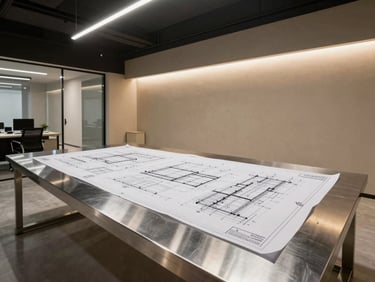 Clean modern office interior in Riyadh with structural blueprints laid out on a large steel table.