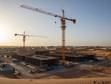 Wide-angle environmental shot of massive scale desert construction site at golden hour, crane silhouettes.