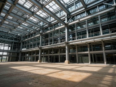 Wide-angle architectural shot of a massive steel and glass structure under high-contrast dramatic lighting, cool steel tones, editorial photography.