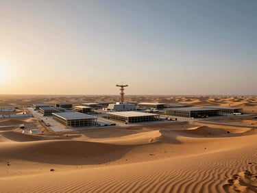 Golden hour light over a massive infrastructure development in the Saudi desert, warm sand tones, wide-angle dramatic architectural perspective