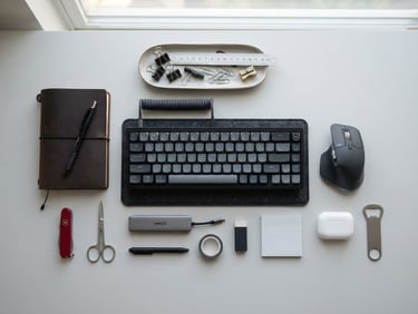 Overhead flatlay of organized desk utility gear, soft natural daylight, minimalist light gray backdrop, sharp focus, 50mm