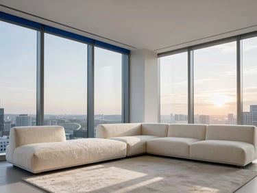 Bright editorial interior photography of a modern high-rise living room with floor-to-ceiling windows, sleek low-profile furniture, textured cream fabrics, sunset light