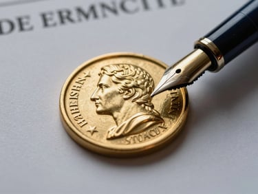 Macro close-up of a gold-embossed Austrian judicial seal on official legal documents, fountain pen resting on textured paper, dramatic side-lighting, editorial corporate style.