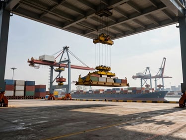 Wide-angle view inside a port terminal, dock cranes unloading breakbulk cargo from a vessel hold, natural daylight streaming through the open terminal roof, steel rigging visible