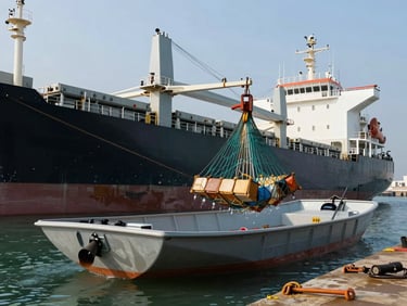 Low-angle photograph of a flat-bottomed lighter vessel being loaded alongside a cargo ship in open anchorage, hawsers taut, natural harbour light, cargo nets visible mid-transfer