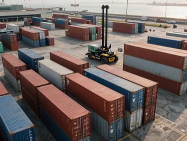 Overhead view of a terminal yard with stacked containers arranged in rows, a reach-stacker visible in the mid-ground, hard industrial light, Port Qasim waterfront faintly visible at the horizon