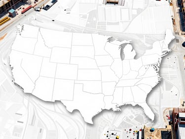 High-contrast map graphic overlaying an active construction site, clean lines showing logistics routes across the United States, bright daylight.
