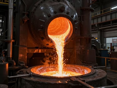 Dramatic interior shot of molten steel pouring into a massive industrial crucible, intense orange glow contrasting with deep charcoal machinery.