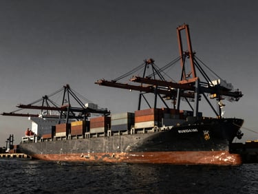 Wide-angle environmental shot of a massive cargo ship docked at Mundra port, giant container cranes framed by dramatic high-contrast evening light.
