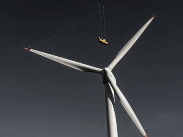 Low-angle dramatic photography of a massive wind turbine blade being hoisted into place, high-visibility personnel securing lines, heavy industrial scale.