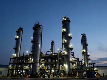 Wide-angle environmental shot of a massive petrochemical refinery at twilight, dramatic industrial lighting, towering structures silhouetted against a deep blue sky, sharp architectural details