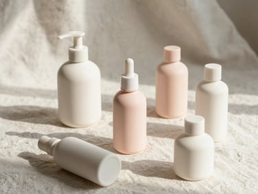 A minimalist flat-lay of ceramic skincare bottles arranged on soft linen fabric under gentle morning shadows