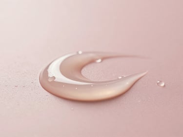 Macro photography of clean translucent skincare gel with tiny water droplets on a soft blush pink background, morning light