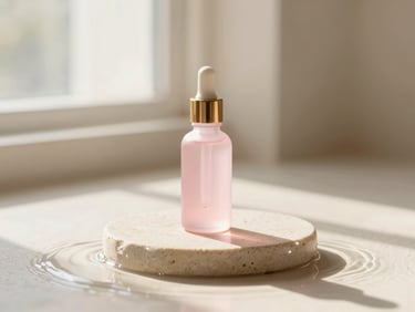 A single elegant pink glass dropper bottle on a smooth beige stone pedestal, surrounded by soft water ripples, warm morning sunlight, 35mm