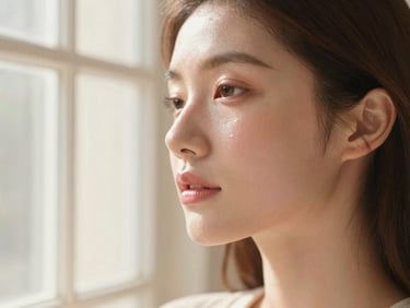 Soft-focus editorial photography of a woman with radiant, healthy dewy skin, warm morning window light, cream and blush pink tones, 35mm