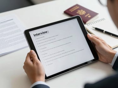 Close-up of a person's hands holding a tablet displaying interview questions, with a pen and notepad on a clean desk, bright neutral office daylight, sharp focus, professional corporate tones, 35mm